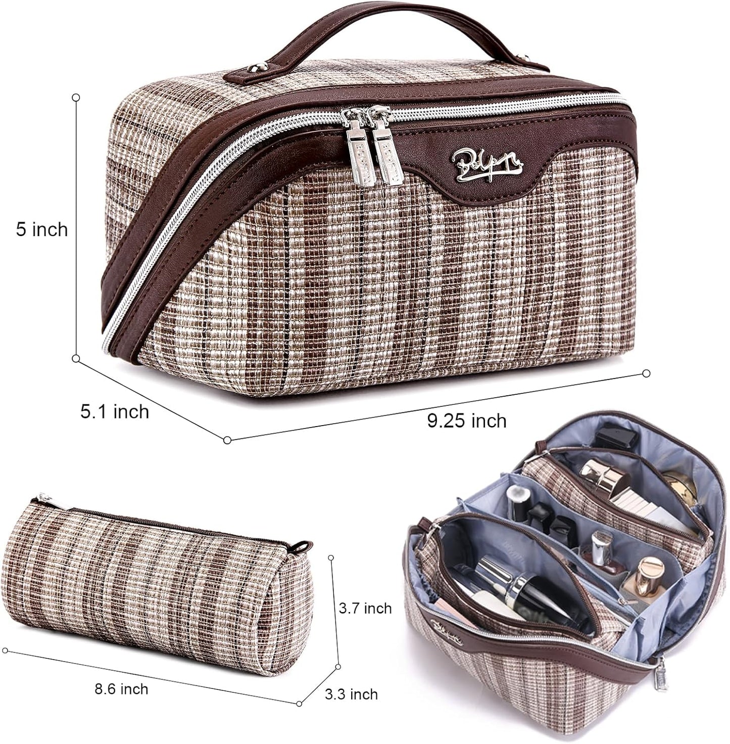 Travel Makeup Bag for Women: Large Capacity Open Flat Make up Bag Set of 3 - Vegan Leather Cosmetic Bag with Compartments - Waterproof Toiletry Bag with Handle & Divider(Brown)