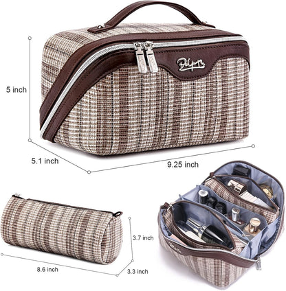 Travel Makeup Bag for Women: Large Capacity Open Flat Make up Bag Set of 3 - Vegan Leather Cosmetic Bag with Compartments - Waterproof Toiletry Bag with Handle & Divider(Brown)