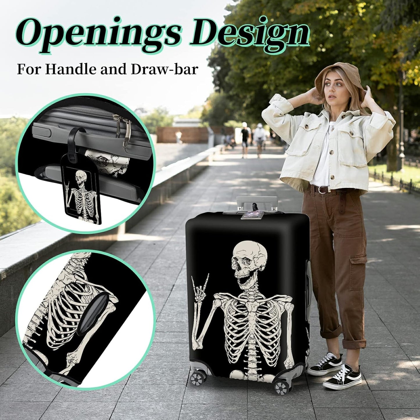 Luggage Cover Suitcase Protector Plus 1 Luggage Tag, Rock Skull Travel Suitcase Cover Suitable for 22-24 inch Luggage (M) with Concealed Zipper Washable Elastic Cloth Dustproof Anti-Scratch