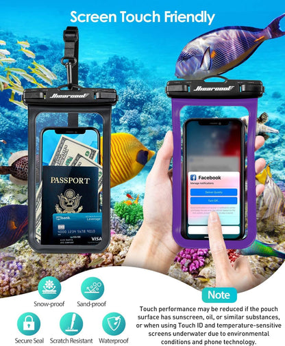 Hiearcool Universal Waterproof Phone Pouch Compatible for iPhone 16 15 14 13 Pro Max Plus Up to 8.3", IPX8 Beach Travel Essentials-Black&Purple-2Pack