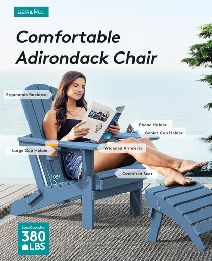SERWALL Folding Adirondack Chair, HDPE Adirondack Chairs Set of 6, Plastic Outdoor Chairs- Looks Exactly Like Real Wood- Navy