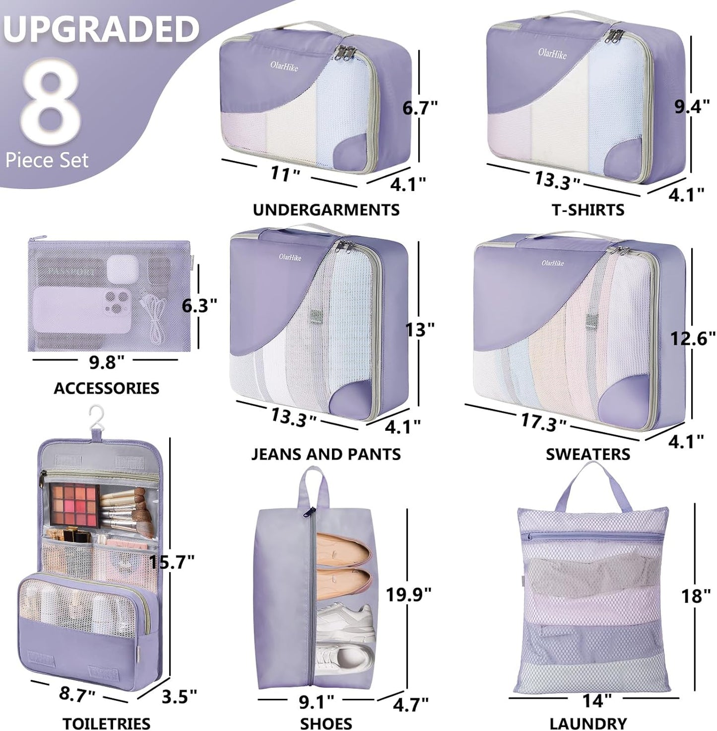 8 Set Packing Cubes for Travel, Gifts for Women Mom,Anti-Tearing Suitcase Organizer for Luggage with Shoe & Hanging Toiletry Bag,OlarHike Vacation Essentials & Accessories for Cruise Ship, Purple Gray