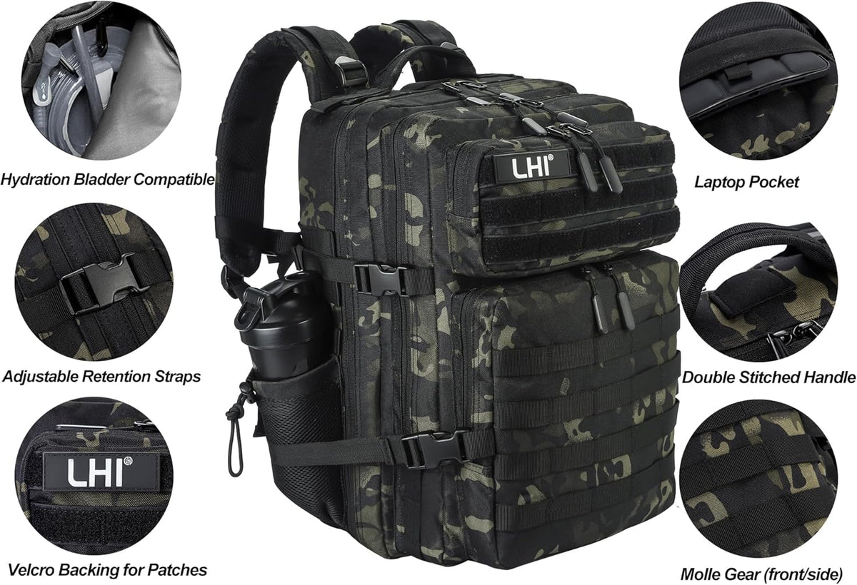 LHI Military Tactical Backpack for Men and Women 45L Army 3 Days Assault Pack Bag Large Rucksack with Molle System - Black CP