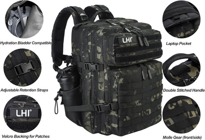 LHI Military Tactical Backpack for Men and Women 45L Army 3 Days Assault Pack Bag Large Rucksack with Molle System - Black CP
