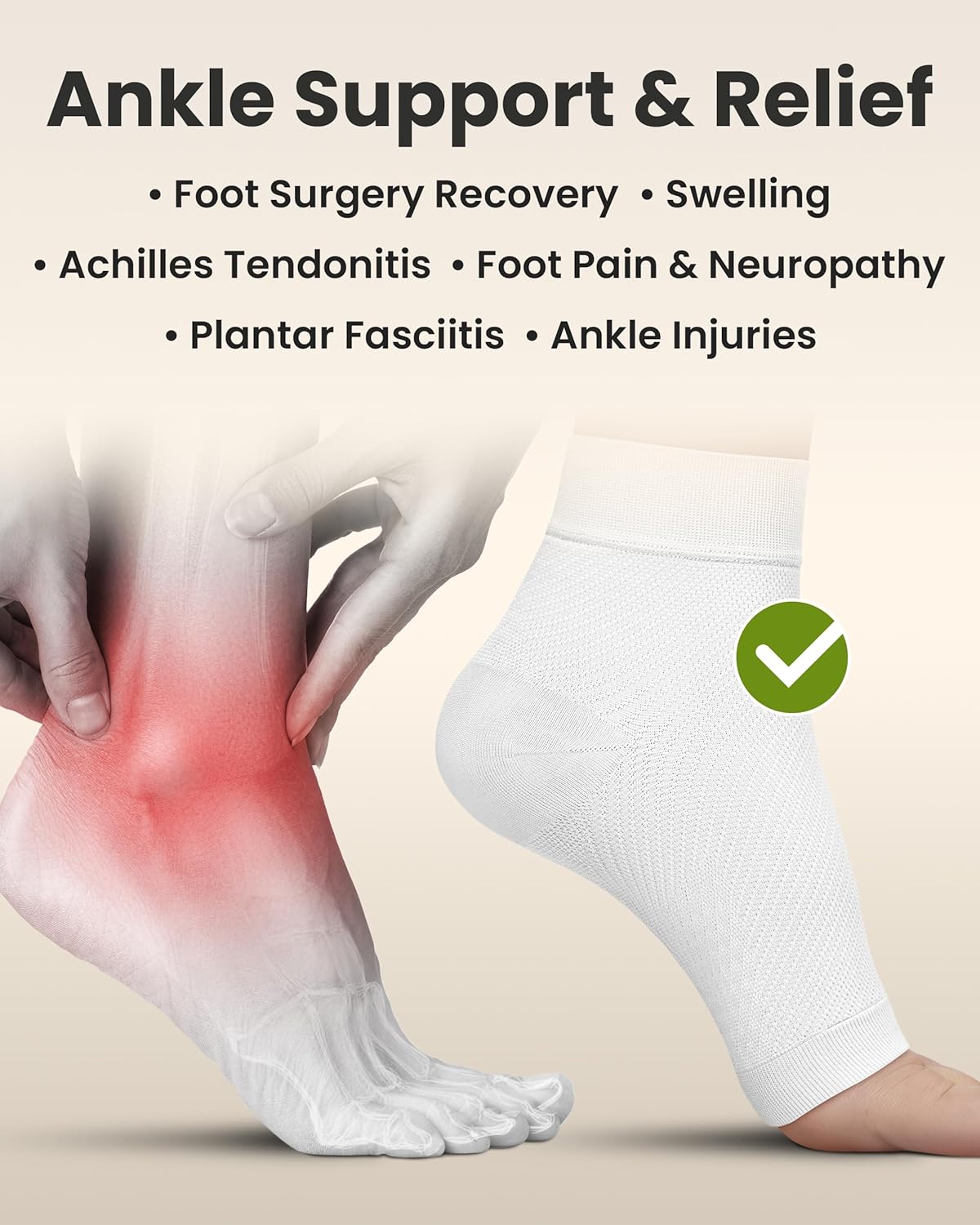 KEMFORD Ankle Compression Sleeve - Plantar Fasciitis Braces - Open Toe Compression Socks for Swelling, Sprain, Neuropathy, Foot Arch Support for Men and Women - 20-30mmhg, S, White