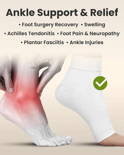 KEMFORD Ankle Compression Sleeve - Plantar Fasciitis Braces - Open Toe Compression Socks for Swelling, Sprain, Neuropathy, Foot Arch Support for Men and Women - 20-30mmhg, S, White