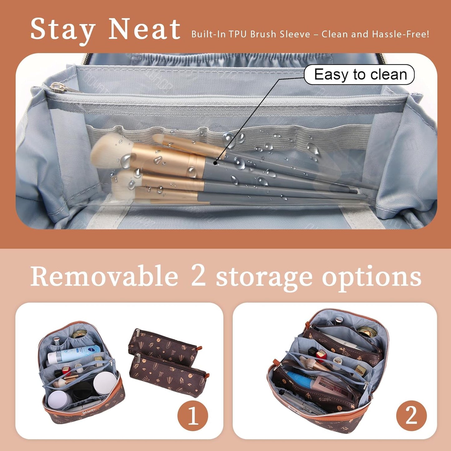 BOYATU Travel Makeup Bag Cosmetic Bags for Women: 3 Pcs Set Portable Make up Bag with Handle - Vegan Leather Toiletry Bags with Compartments - Makeup Organizer for Travel Essentials(04-Brown)