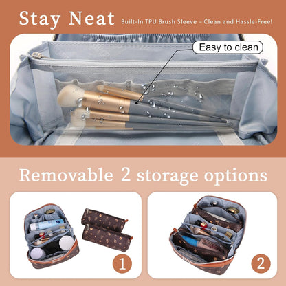 BOYATU Travel Makeup Bag Cosmetic Bags for Women: 3 Pcs Set Portable Make up Bag with Handle - Vegan Leather Toiletry Bags with Compartments - Makeup Organizer for Travel Essentials(04-Brown)