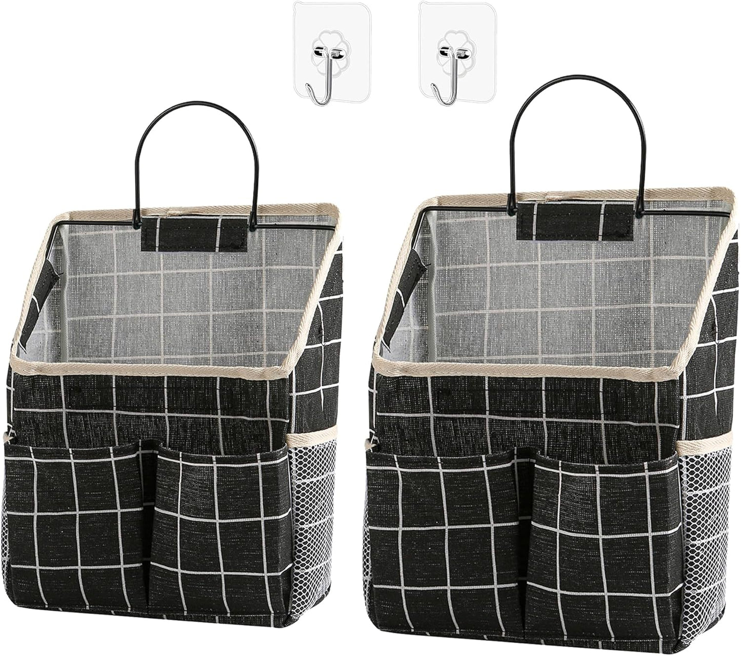 2pcs Wall Hanging Storage Bag,Wall Hanging Organizer Bags with Pockets, Wall Organizer Storage for Dormitory Bathroom Bedroom Kitchen(Black Grid)
