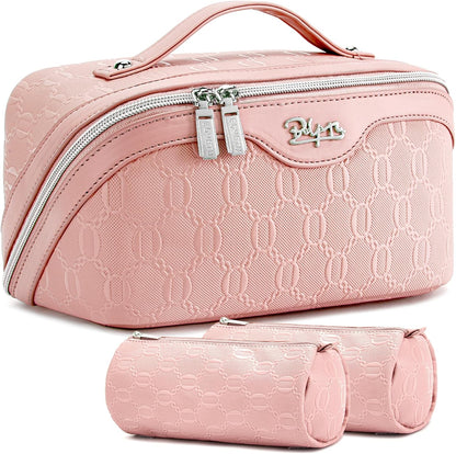 BOYATU Travel Makeup Bag for Women: Cosmetic Organizer Bag with Compartments - Leather Make up Bags Set of 3 (Pink)