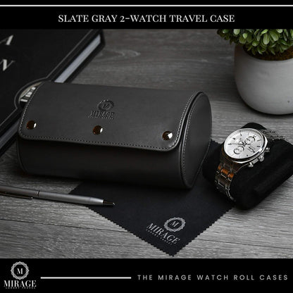2 Watch Roll Travel Case for Men - Watch Holder and Storage for Travel - Slate Gray Swiss Motif Vegan Leather
