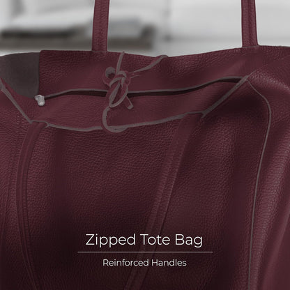 Italian Calf Leather Tote for Women with Zipper, Inner Pocket & Flat Base | Soft Unlined Shopper for Work & Travel