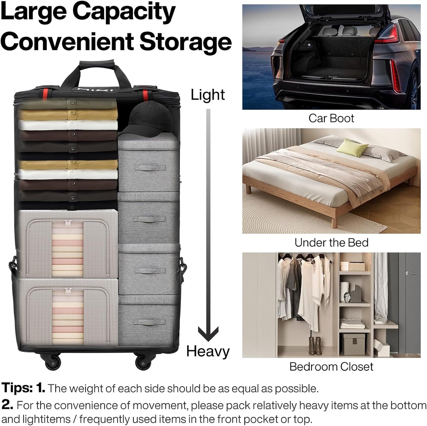 mixi Travel Bag with Wheels Expandable Foldable Luggage Bag Collapsible Rolling Travel Bag Duffel Bag Large Capacity Suitcase for Men Women, Black