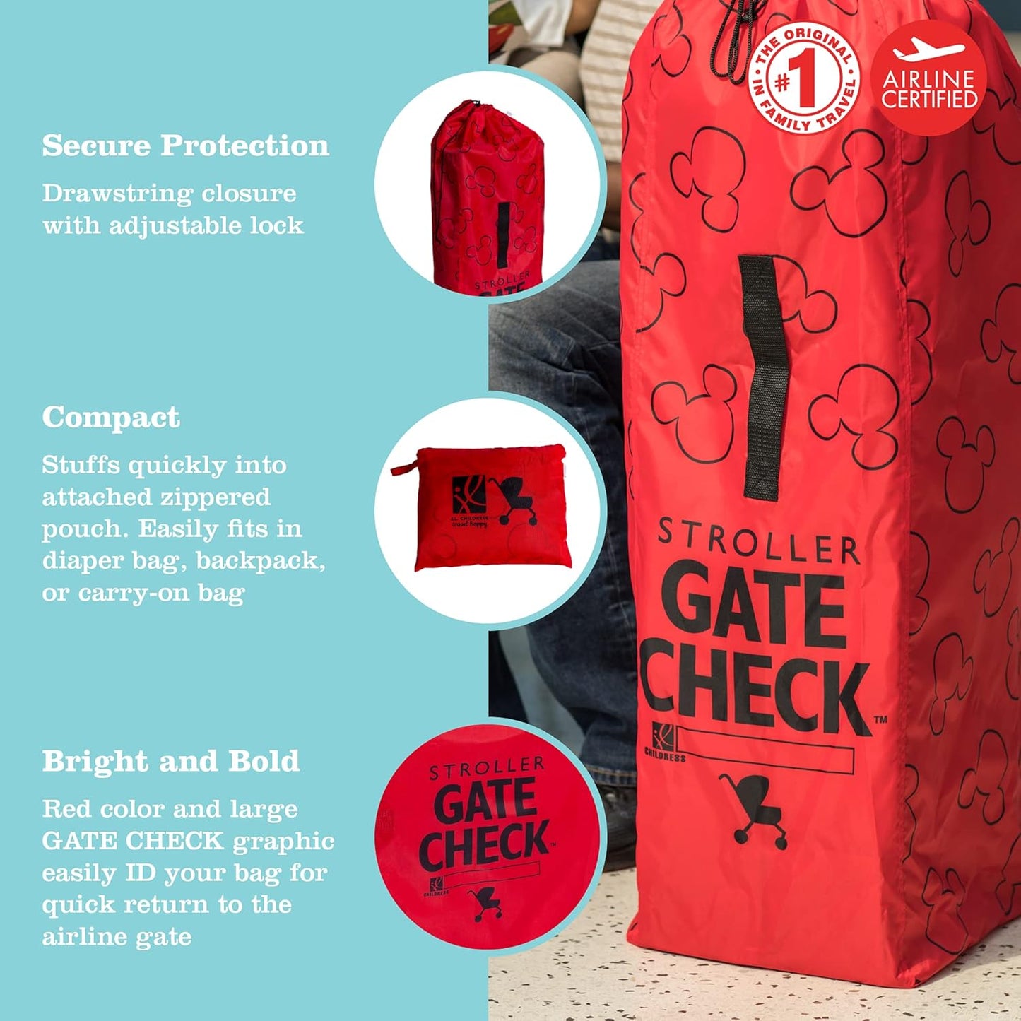 J.L. Childress Disney Baby Gate Check Bag for Umbrella Strollers - Travel Bag for Airplane, Fits Most Single Umbrella Baby Strollers, Airport Accessories for Gate Check - Mickey Mouse, Red