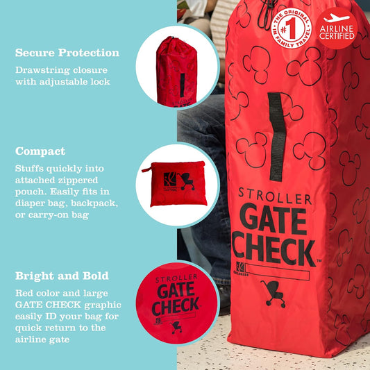 J.L. Childress Disney Baby Gate Check Bag for Umbrella Strollers - Travel Bag for Airplane, Fits Most Single Umbrella Baby Strollers, Airport Accessories for Gate Check - Mickey Mouse, Red