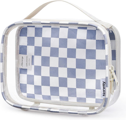 Narwey TSA Approved Clear Toiletry Bag for Travel, Waterproof PVC Clear Makeup Bags Portable Compact Cosmetic Bag Make Up Organizer Airport Airline Quart Size Compliant Bag (Grayish Blue Checkerboard)