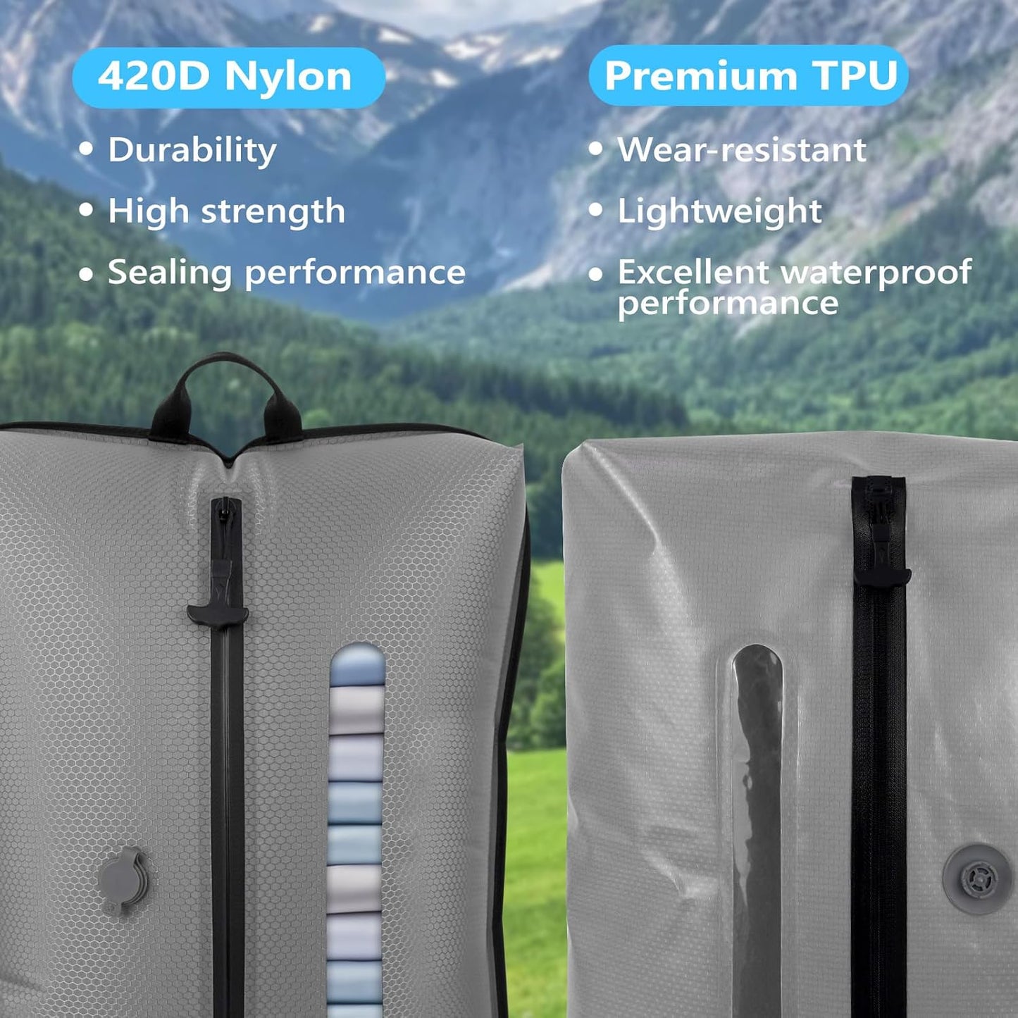 2025 Vacuum Bags for Travel with See-Through Window & 5KPa Pump Space Saver Vacuum Seal Bags for Clothing Travel IP67 Reusable Packing Organizers for Luggage, Backpack, Suitcase Grey 1PC+Pump