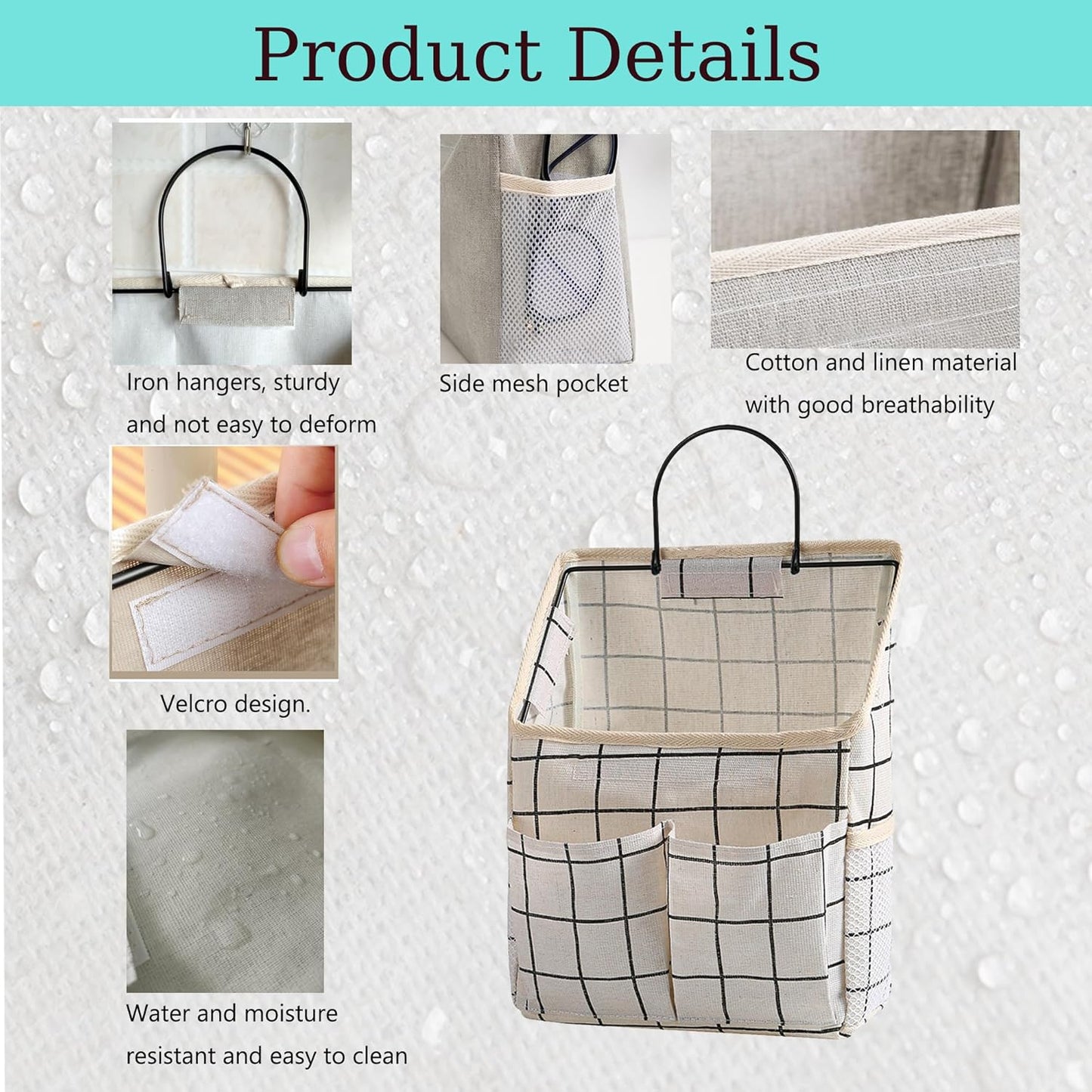 2 Pack Wall Hanging Storage Bags, Organizer with Pockets, Storage for Dormitory Bathroom Bedroom Kitchen (White Grid)