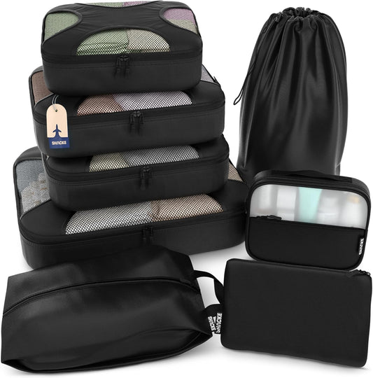 Shacke Premium 8 Packing Cubes Set - Lightweight Mesh Travel Luggage Organizers with Laundry Bag, 8-Piece Suitcase Storage System (Black)