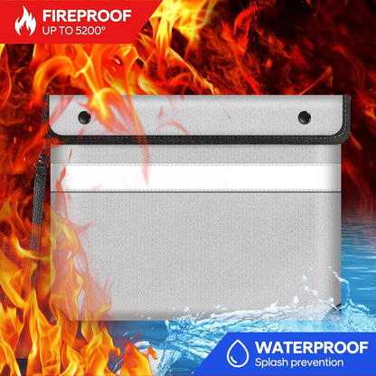 Fire Proof Bag For Documents,5200°F Heat Insulated Fire Proof Pouch with Soft Leather Hand Strap,13.9x10.6 Inch Fireproof Money Bag for Cash/Documents/Valuables(Silvery)