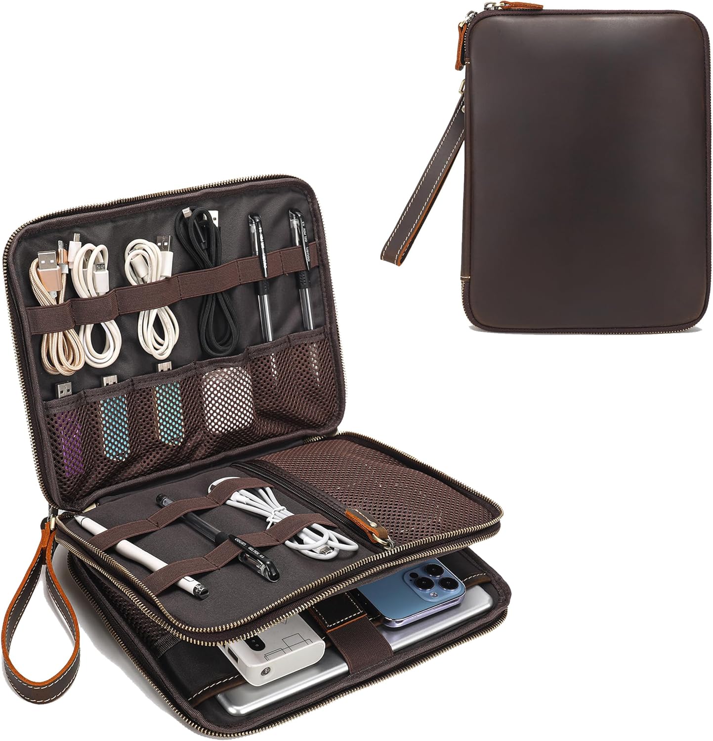 LANNSYNE Full Grain Leather Travel Cable Accessories Bag, Electronic Organizer Carry Case Double Layer Storage Case for Cables, Charger, Phone, Power Bank