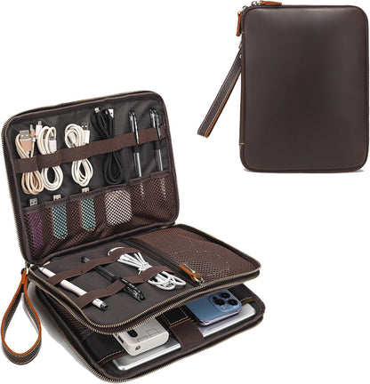 LANNSYNE Full Grain Leather Travel Cable Accessories Bag, Electronic Organizer Carry Case Double Layer Storage Case for Cables, Charger, Phone, Power Bank