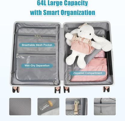 22" Ride On Luggage with Seat for Kids & Adults, Lightweight Hardside Ride-On Suitcase with Front Opening, TSA Lock, 360° Spinner Wheels, Pink