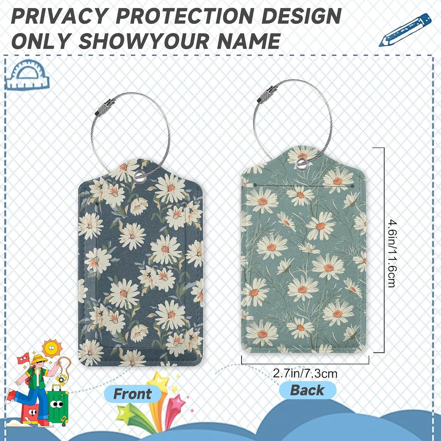 2 Pack Leather Luggage Tag for Suitcase Retro Daisy Flower Unique Travel Tags with Privacy Cover ID Label & Stainless Steel Loop for Men and Women Baggage