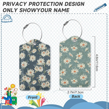 2 Pack Leather Luggage Tag for Suitcase Retro Daisy Flower Unique Travel Tags with Privacy Cover ID Label & Stainless Steel Loop for Men and Women Baggage