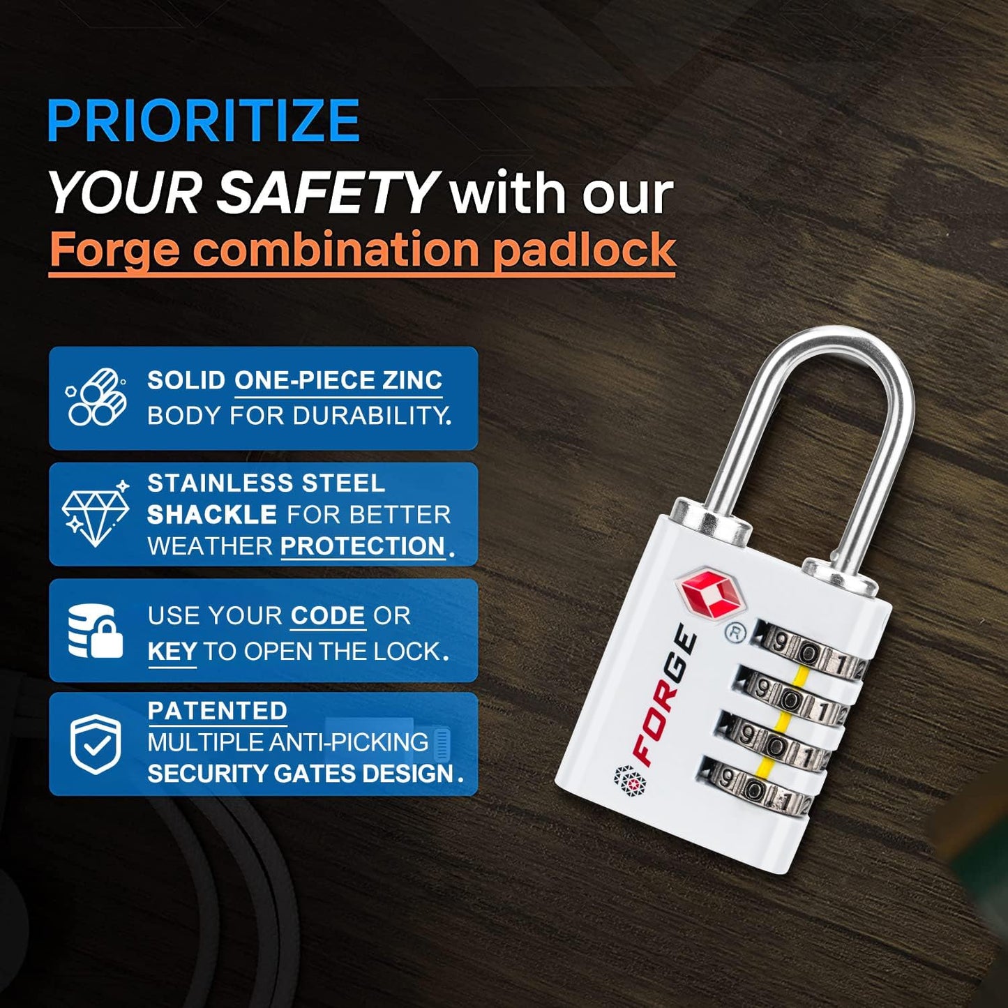 Forge Dual-Opening: Key or Combination Access Lock, TSA Approved Locks for Luggage, Pelican case, Travel, Gym, School, Stainless Steel Shackle. (White, 2 Pk)