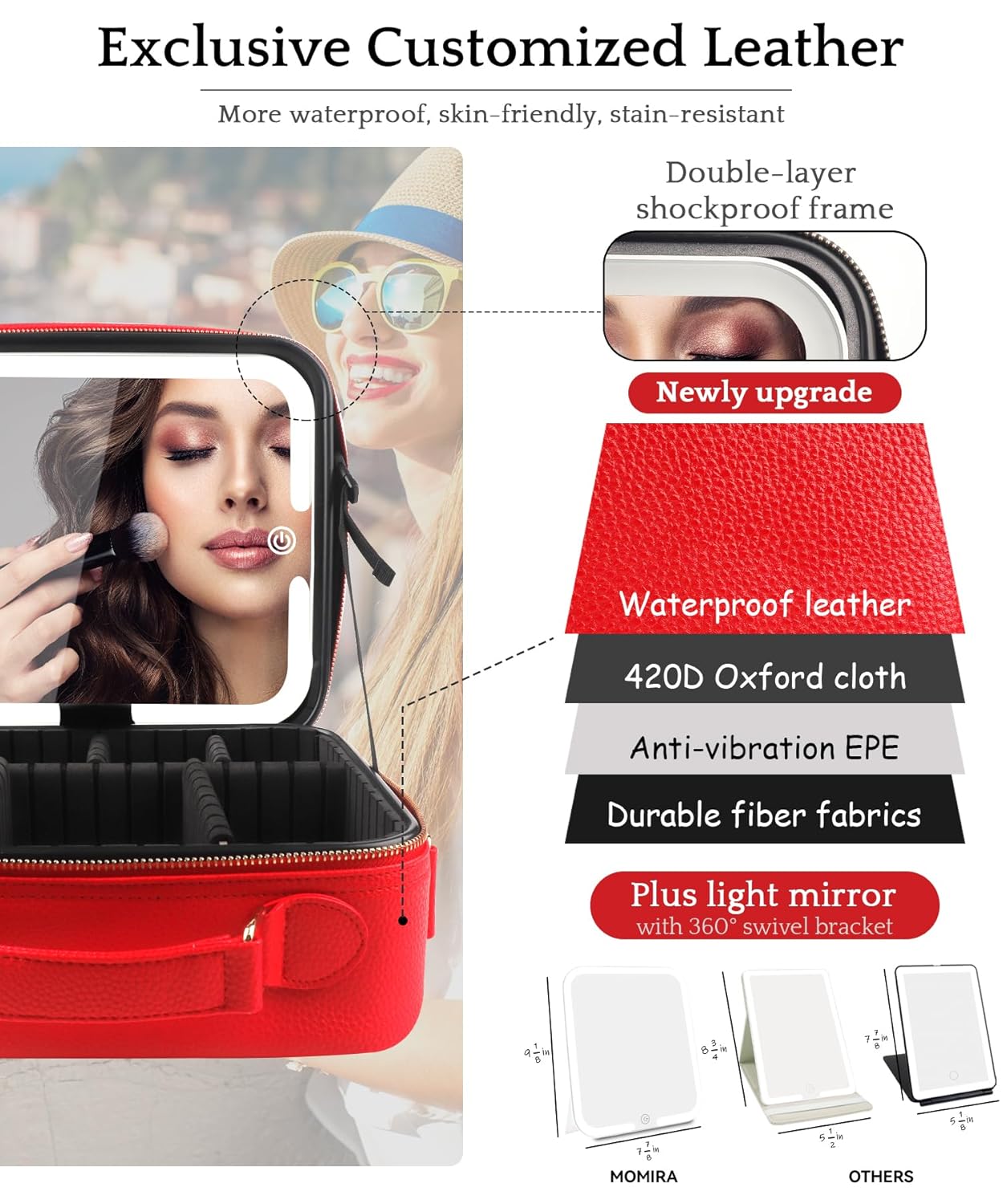 MOMIRA Travel Makeup Bag Cosmetic Bag with Lighted Mirror, Adjustable Brightness in 3 Color Scenarios/Detachable makeup mirror, All-round Upgrade, Waterproof, Gift for Women -Red