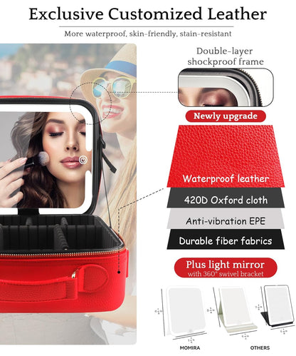 MOMIRA Travel Makeup Bag Cosmetic Bag with Lighted Mirror, Adjustable Brightness in 3 Color Scenarios/Detachable makeup mirror, All-round Upgrade, Waterproof, Gift for Women -Red