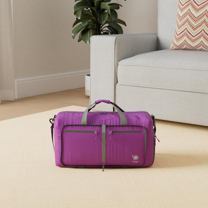 Bago Large Foldable Duffel Bags for Traveling Women & Men - 100L Packable Duffle Bag for Travel with Shoe Compartment - Water Repellant, Heavy Duty, Lightweight Folding & Collapsible (Purple)