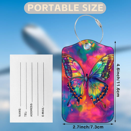 2 Pack Luggage Tags for Suitcases Colorful Butterfly Leather Luggage Tags Privacy Cover ID Label with Stainless Steel Loop and Address Card for Women Men Travel Bag Backpack