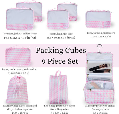 9 Set Packing Cubes - Suitcase Organizer, Cute Packing Cubes, Travel Bags Organizer for Luggage with Hanging Toiletry and Shoe Bag, Travel Essentials for Women, Men and Kids -Pink