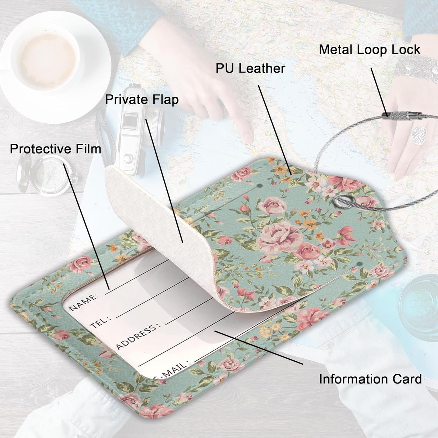 2Pcs Luggage Tag for Suitcase Vintage Floral Shabby Chic Pink Rose Cute Suitcase Tag with Privacy Flap & Name ID Label & Metal Loop,Travel Bag Luggage Tags for Women