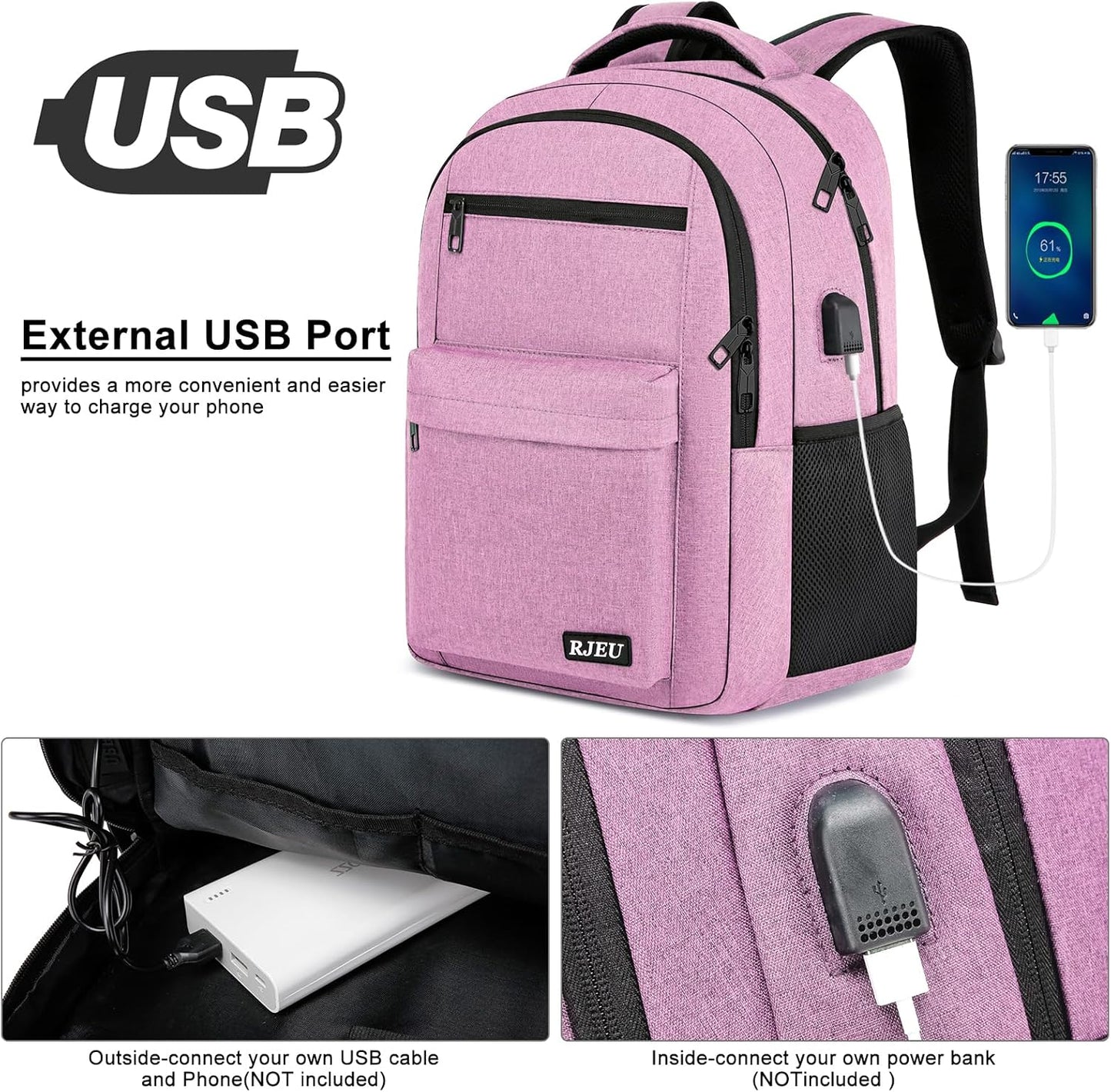 Backpack for Women, School Backpack for Teen Girls College Back pack with USB Charging Port, Pink