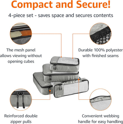 Amazon Basics Lightweight Packing Cubes Travel Organizer Set with Double Zipper, Mesh Top, Multiple Sizes, 4 Piece, Gray