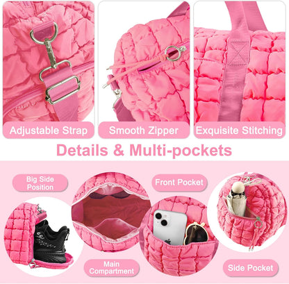 Quilted Travel Duffle Bag Gym Bag for Women,Large Puffer Duffle Weekender Bag with Compartment,Workout Overnight Carry on Organizer Bag Duffle Bag for Airplane Travel(L-Pink)