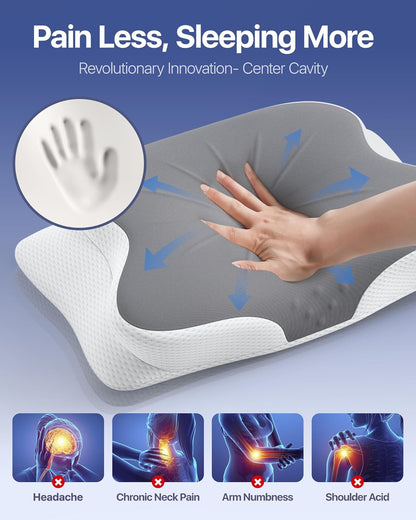 Cervical Pillow for Neck Pain Relief - Ergonomic Memory Foam Pillow with Cooling Case Orthopedic Support Side Sleeper Pillow for Pain Relief Support for Side Back Stomach Sleepers (Grey)