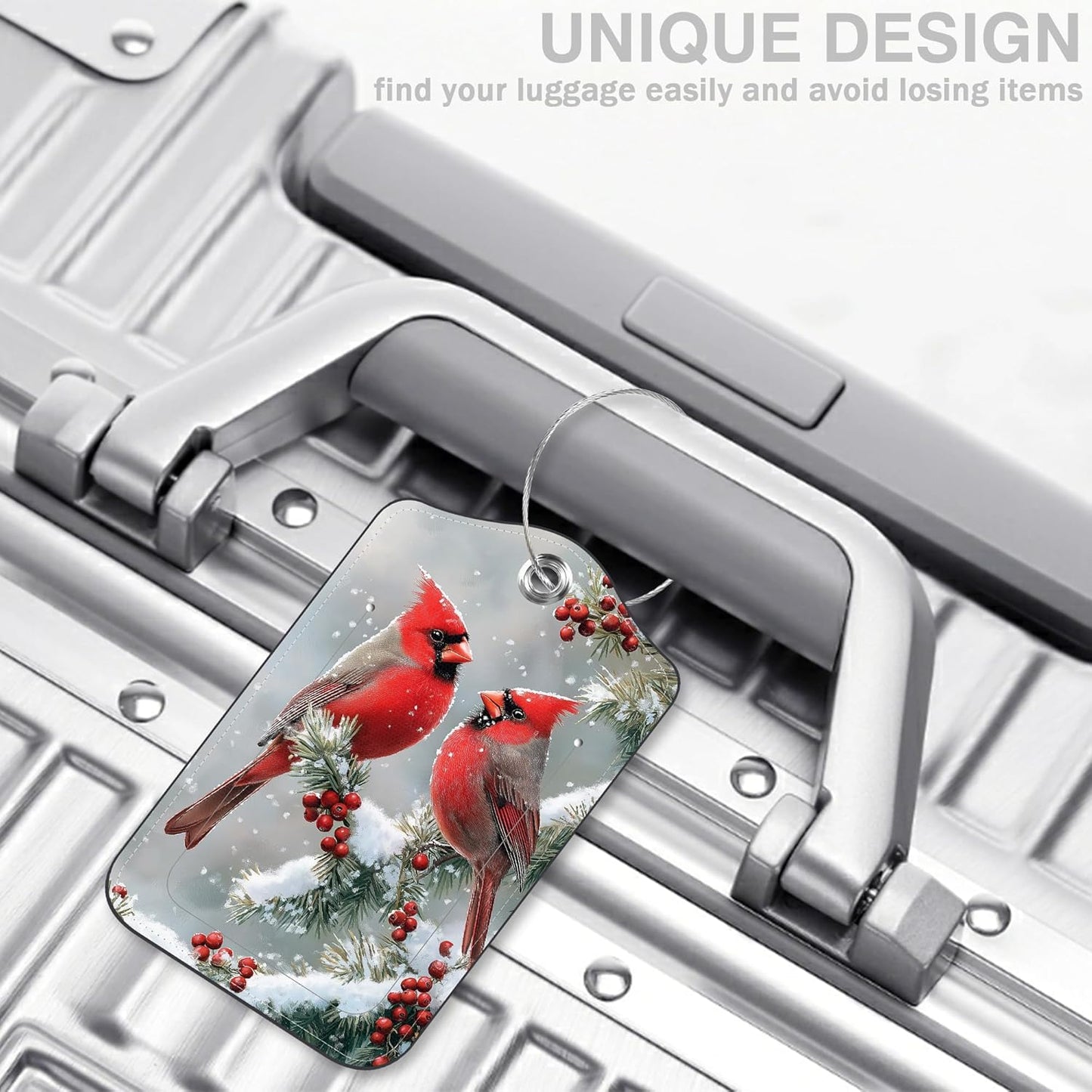 Red Cardinals on Snowy Branches Set of 2 Luggage Tags for Suitcases Leather Suitcase Tags Identifiers with Privacy Name Address Label and Stainless Steel Loop for Women Men Travel Luggage Accessories