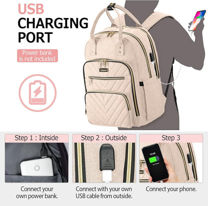 Laptop Backpack for Women, High School Bookbag for Girls with USB Port Charging, 15.6 Inch Water Resistant Computer Bag for Work, Travel College Back Pack Purse Gifts for Student Teacher, Beige