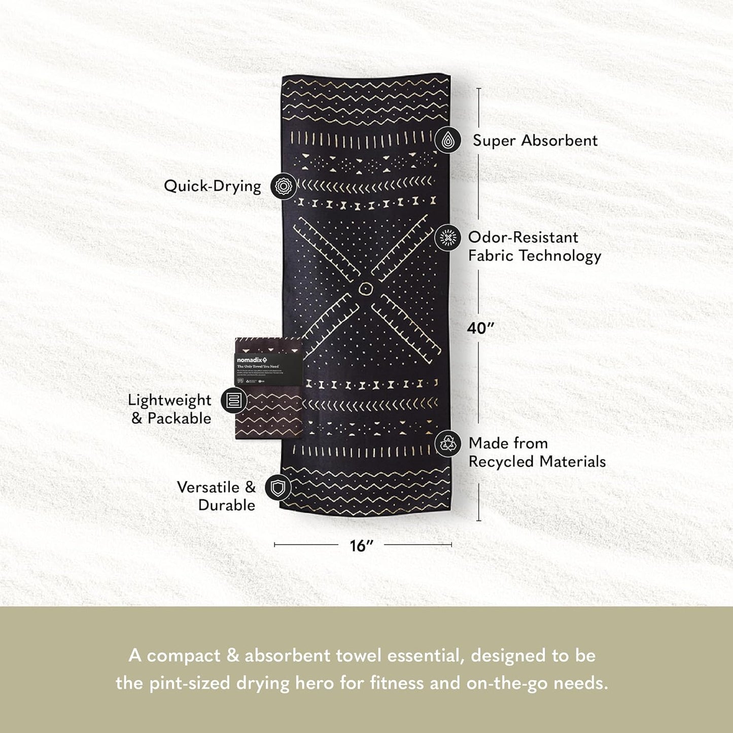 Nomadix Mini Towel - Perfect for Beach, Pool, Travel, Camping, Yoga - Made with Recycled Materials - Super Absorbent - Sand Resistant - Mud Cloth - 16x40