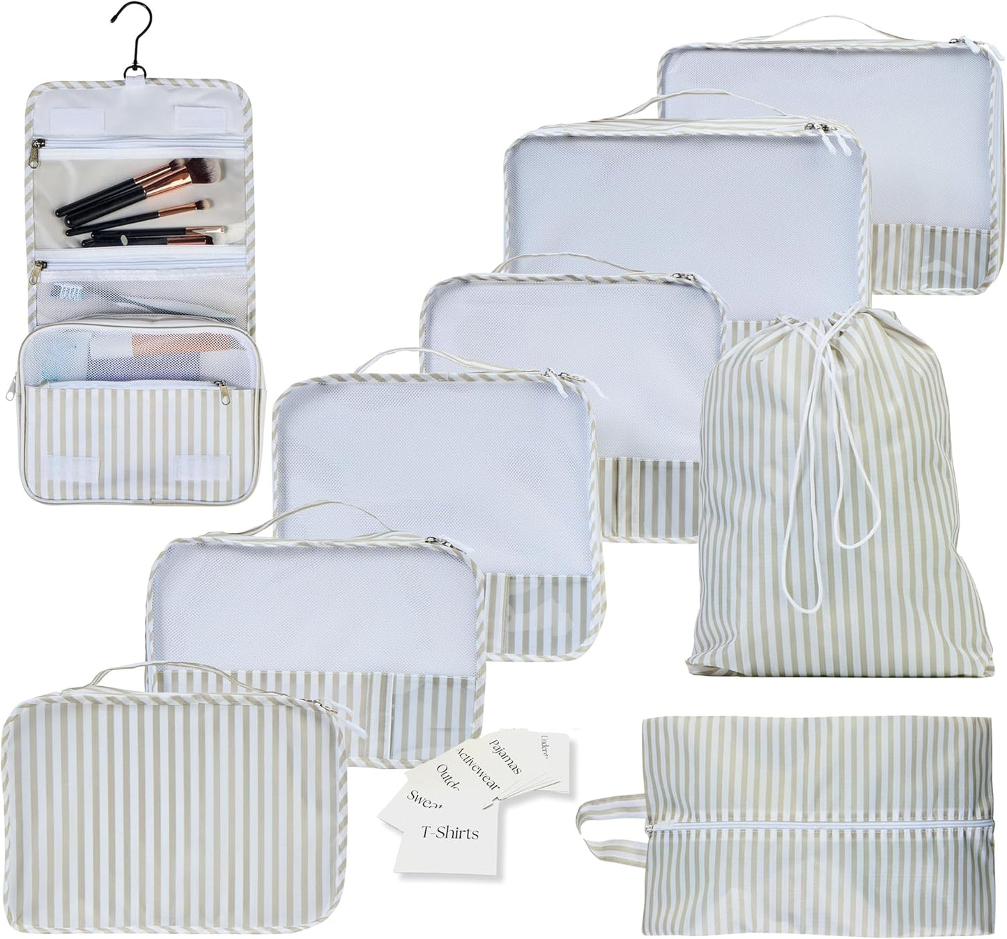9 Set Packing Cubes - Suitcase Organizer, Cute Packing Cubes, Travel Bags Organizer for Luggage with Hanging Toiletry and Shoe Bag, Travel Essentials for Women, Men and Kids -Stripe