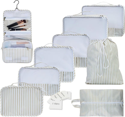 9 Set Packing Cubes - Suitcase Organizer, Cute Packing Cubes, Travel Bags Organizer for Luggage with Hanging Toiletry and Shoe Bag, Travel Essentials for Women, Men and Kids -Stripe