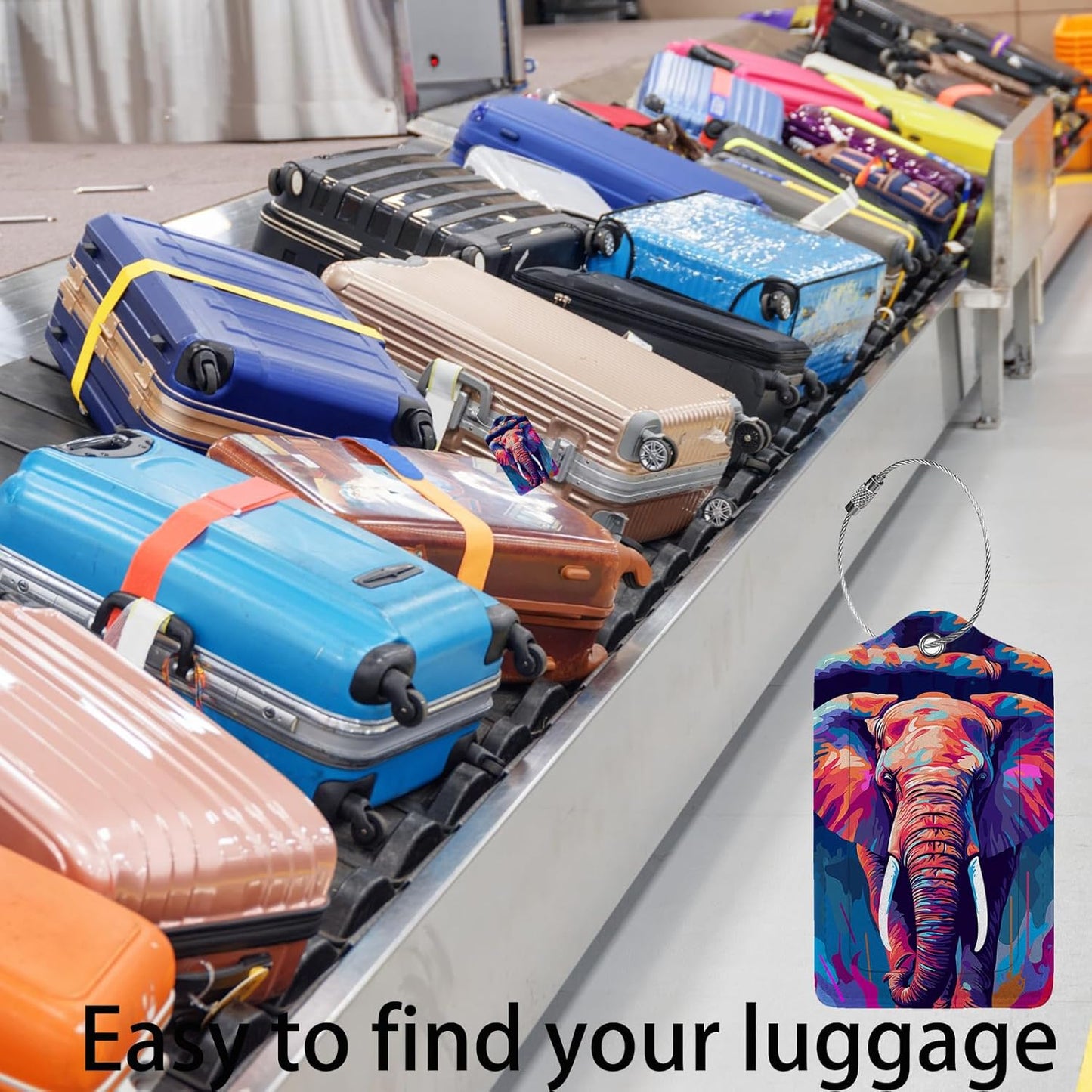 Colorful Elephant 2 Pcs Luggage Tags,Privacy Cover ID Label with Stainless Steel Loop and Address Card for Travel Bag Suitcase