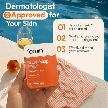 FOMIN - Antibacterial Paper Soap Sheets Tin for Traveling - (100 Sheets) Orange Portable Travel Hand Soap Sheets, Dissolvable Mini Camping Hand Soap for Hand Washing