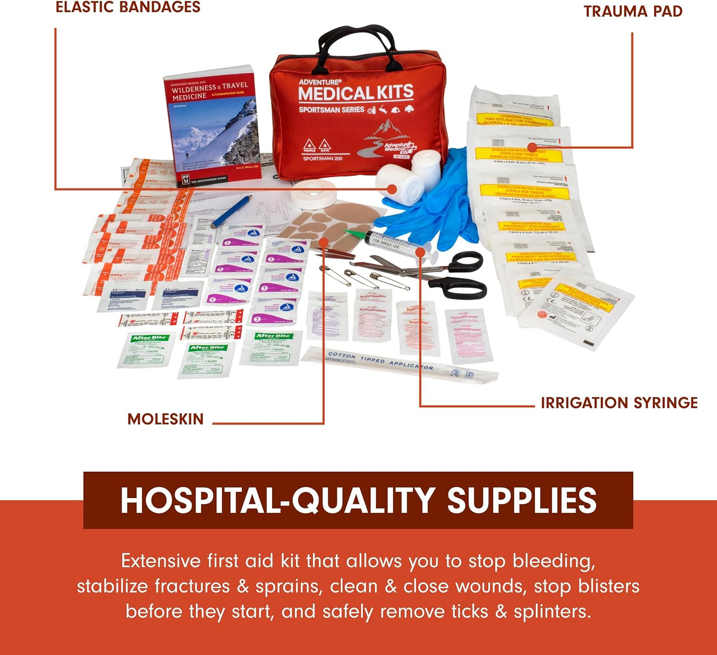 Adventure Medical Kits Sportsman Series Medical Kit - 200 - First Aid Kit for Camping, Hiking, Hunting & More - For 4 People for 4 Days - Includes Bandages, Medicine, Guide Book & More