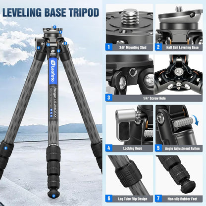 LEOFOTO LS-284CEXX Carbon Fiber Tripod with Leveling Base for Camera, 360° Portable Tripod with 3/8" Screw for Sport Camera/Phone Holder/Projector, A Bubble Level, Folded Length 21.06", Max Load 22LB