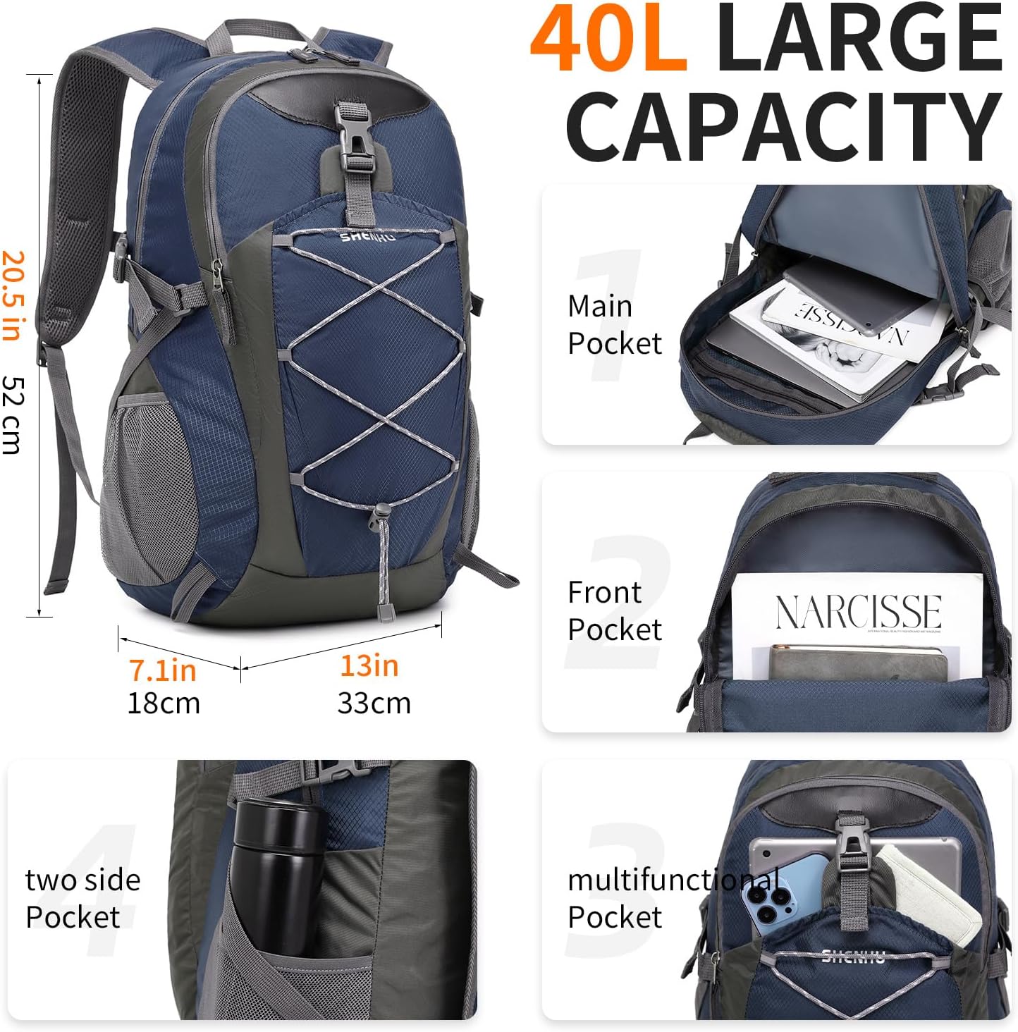 40L Hiking Backpack Lightweight Daypack Waterproof Travel Camping Backpack for Men Women Sport Packable